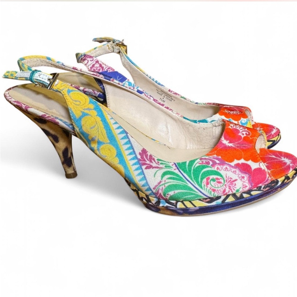Colorful Nine West Floral Slingback Heels Women's Peep Toe Pumps Size 7.5M